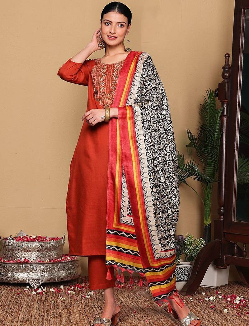 Rust Floral Embroidered Thread Work Kurta With Trousers & Dupatta