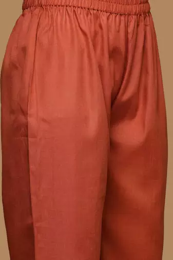 Rust Floral Embroidered Thread Work Kurta With Trousers & Dupatta
