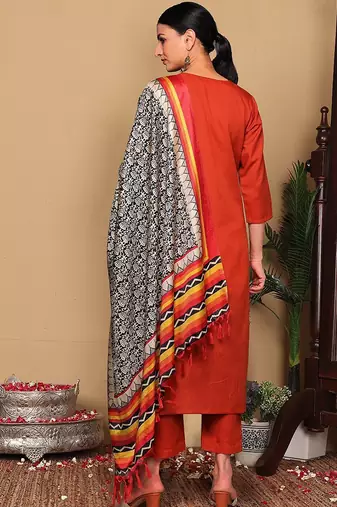 Rust Floral Embroidered Thread Work Kurta With Trousers & Dupatta