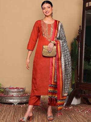 Rust Floral Embroidered Thread Work Kurta With Trousers & Dupatta 6