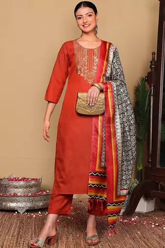 Rust Floral Embroidered Thread Work Kurta With Trousers & Dupatta
