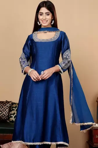 Teal Blue Floral Embroidered Round Neck Anarkali Kurta With Trousers & Dupatta