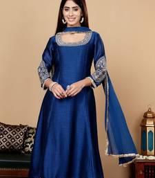 Teal Blue Floral Embroidered Round Neck Anarkali Kurta With Trousers & Dupatta