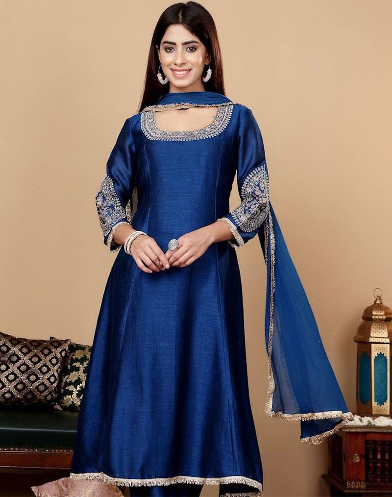 Teal Blue Floral Embroidered Round Neck Anarkali Kurta With Trousers & Dupatta