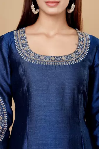 Teal Blue Floral Embroidered Round Neck Anarkali Kurta With Trousers & Dupatta