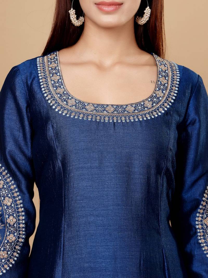 Teal Blue Floral Embroidered Round Neck Anarkali Kurta With Trousers & Dupatta