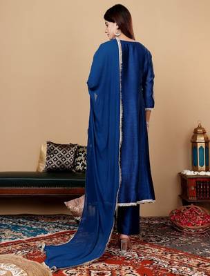 Teal Blue Floral Embroidered Round Neck Anarkali Kurta With Trousers & Dupatta 5
