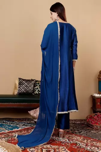 Teal Blue Floral Embroidered Round Neck Anarkali Kurta With Trousers & Dupatta