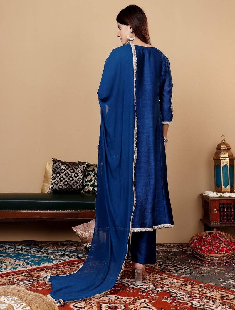 Teal Blue Floral Embroidered Round Neck Anarkali Kurta With Trousers & Dupatta