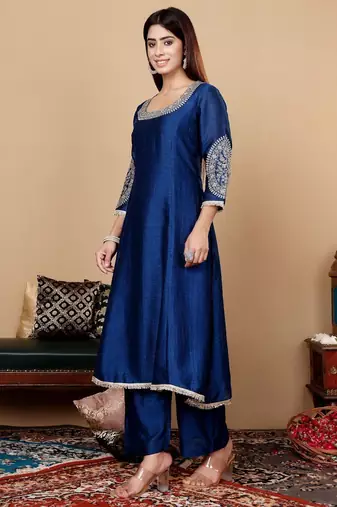 Teal Blue Floral Embroidered Round Neck Anarkali Kurta With Trousers & Dupatta