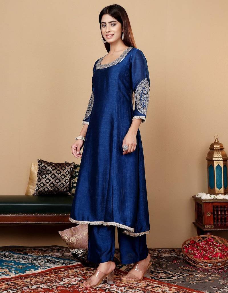 Teal Blue Floral Embroidered Round Neck Anarkali Kurta With Trousers & Dupatta