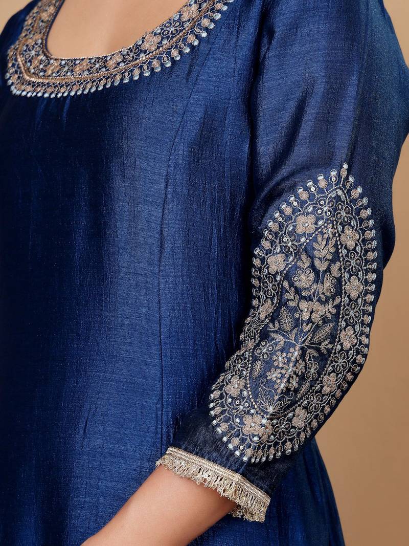Teal Blue Floral Embroidered Round Neck Anarkali Kurta With Trousers & Dupatta