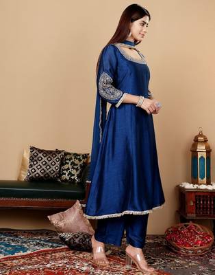 Teal Blue Floral Embroidered Round Neck Anarkali Kurta With Trousers & Dupatta 1