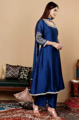 Teal Blue Floral Embroidered Round Neck Anarkali Kurta With Trousers & Dupatta