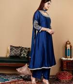 Teal Blue Floral Embroidered Round Neck Anarkali Kurta With Trousers & Dupatta