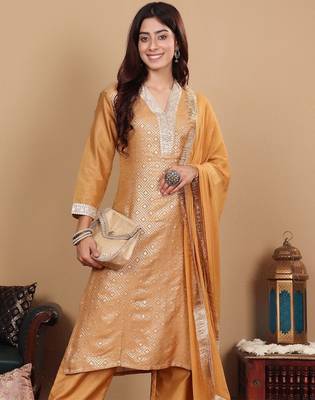Ethnic Motifs Woven Design Sequinned Straight Kurta with Trousers & Dupatta 1