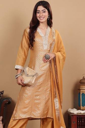 Ethnic Motifs Woven Design Sequinned Straight Kurta with Trousers & Dupatta