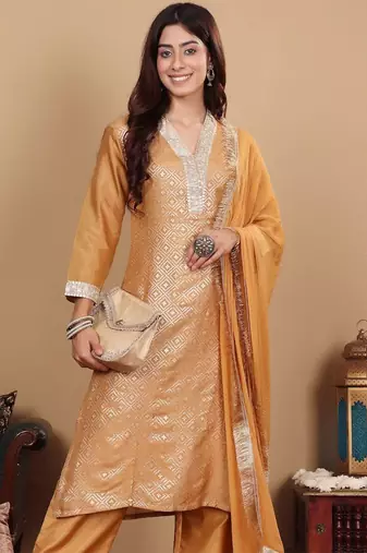 Ethnic Motifs Woven Design Sequinned Straight Kurta with Trousers & Dupatta