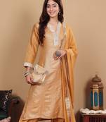Ethnic Motifs Woven Design Sequinned Straight Kurta with Trousers & Dupatta