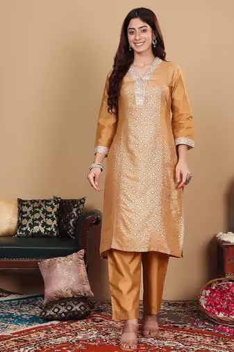 Ethnic Motifs Woven Design Sequinned Straight Kurta with Trousers & Dupatta