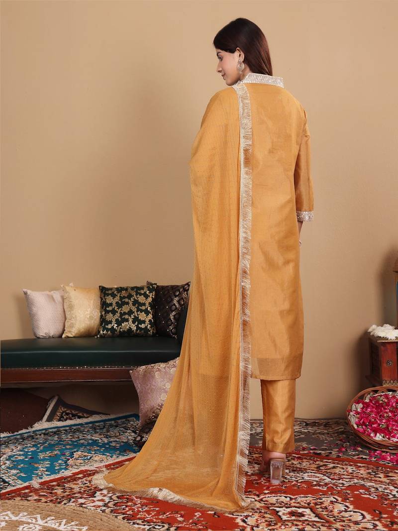 Ethnic Motifs Woven Design Sequinned Straight Kurta with Trousers & Dupatta