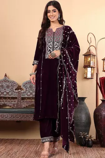 Purple Floral Embroidered Sequinned Velvet Straight Kurta with Trousers & Dupatta