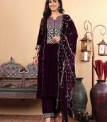 Purple Floral Embroidered Sequinned Velvet Straight Kurta with Trousers & Dupatta