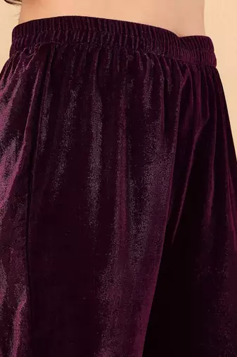 Purple Floral Embroidered Sequinned Velvet Straight Kurta with Trousers & Dupatta
