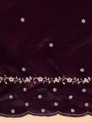 Purple Floral Embroidered Sequinned Velvet Straight Kurta with Trousers & Dupatta 4