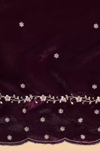Purple Floral Embroidered Sequinned Velvet Straight Kurta with Trousers & Dupatta