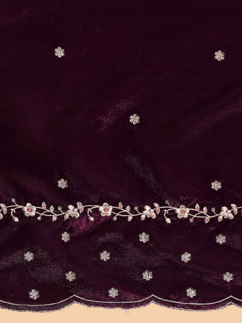Purple Floral Embroidered Sequinned Velvet Straight Kurta with Trousers & Dupatta