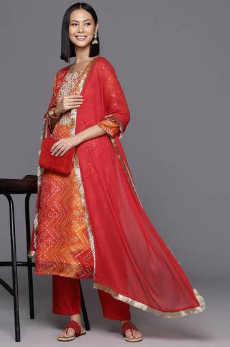 Bandhani Printed Mirror Work Zari Kurta with Trousers & Dupatta
