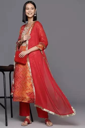 Bandhani Printed Mirror Work Zari Kurta with Trousers & Dupatta