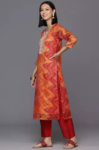 Bandhani Printed Mirror Work Zari Kurta with Trousers & Dupatta