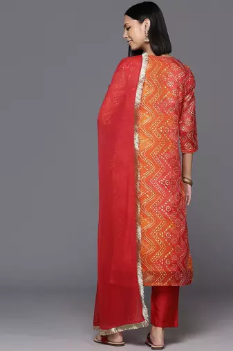 Bandhani Printed Mirror Work Zari Kurta with Trousers & Dupatta