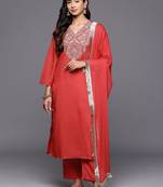 Floral Yoke Design V-Neck Thread Work Straight Kurta With Trousers & Dupatta