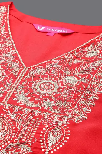 Floral Yoke Design V-Neck Thread Work Straight Kurta With Trousers & Dupatta