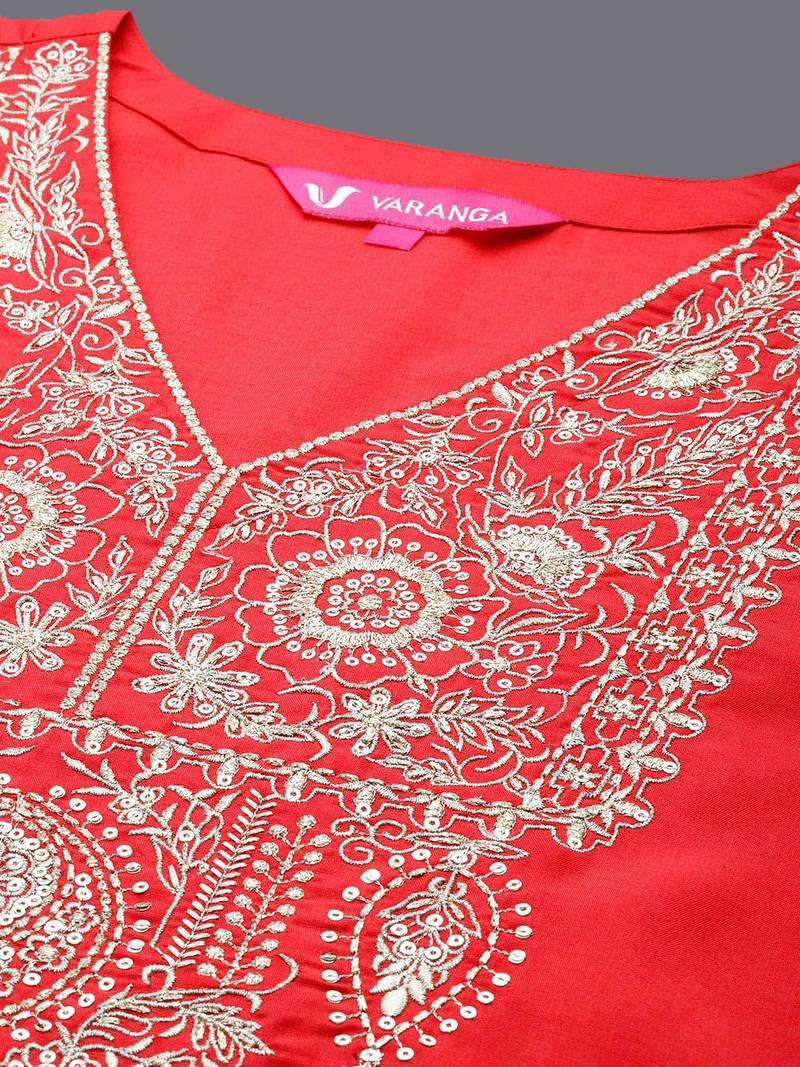 Floral Yoke Design V-Neck Thread Work Straight Kurta With Trousers & Dupatta