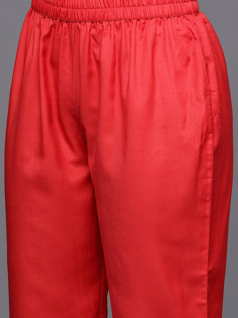 Floral Yoke Design V-Neck Thread Work Straight Kurta With Trousers & Dupatta