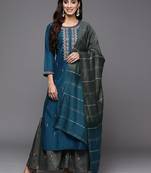Ethnic Motifs Thread Embroidered Sequinned Kurta with Sharara & Dupatta