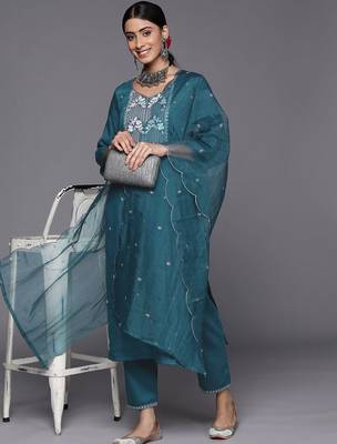 Ethnic Zari Embroidered Sequence Embellished Kurta with Trouser & Dupatta 1