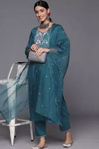 Ethnic Zari Embroidered Sequence Embellished Kurta with Trouser & Dupatta