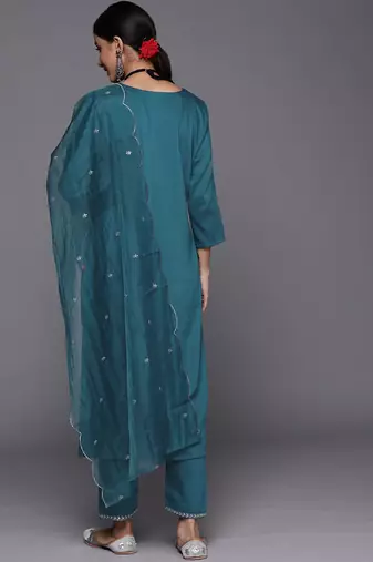 Ethnic Zari Embroidered Sequence Embellished Kurta with Trouser & Dupatta