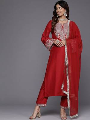 Ethnic Motifs Yoke Design Flared Sleeves Straight Kurta With Trousers & Dupatta 1