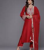 Ethnic Motifs Yoke Design Flared Sleeves Straight Kurta With Trousers & Dupatta