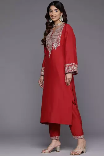 Ethnic Motifs Yoke Design Flared Sleeves Straight Kurta With Trousers & Dupatta