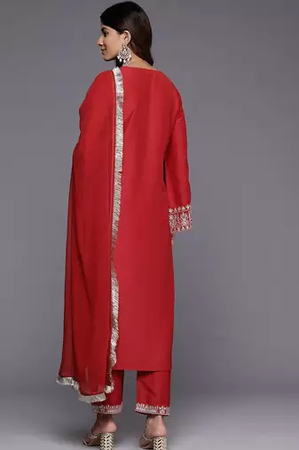 Ethnic Motifs Yoke Design Flared Sleeves Straight Kurta With Trousers & Dupatta
