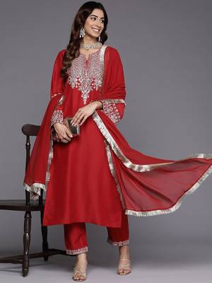 Ethnic Motifs Yoke Design Flared Sleeves Straight Kurta With Trousers & Dupatta 7