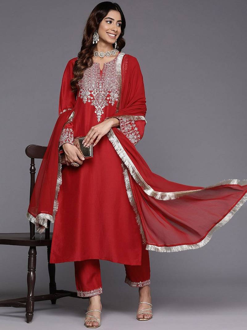 Ethnic Motifs Yoke Design Flared Sleeves Straight Kurta With Trousers & Dupatta