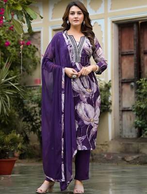 Notch Neck Floral Regular Pure Silk Straight Kurta with Trousers & With Dupatta 1